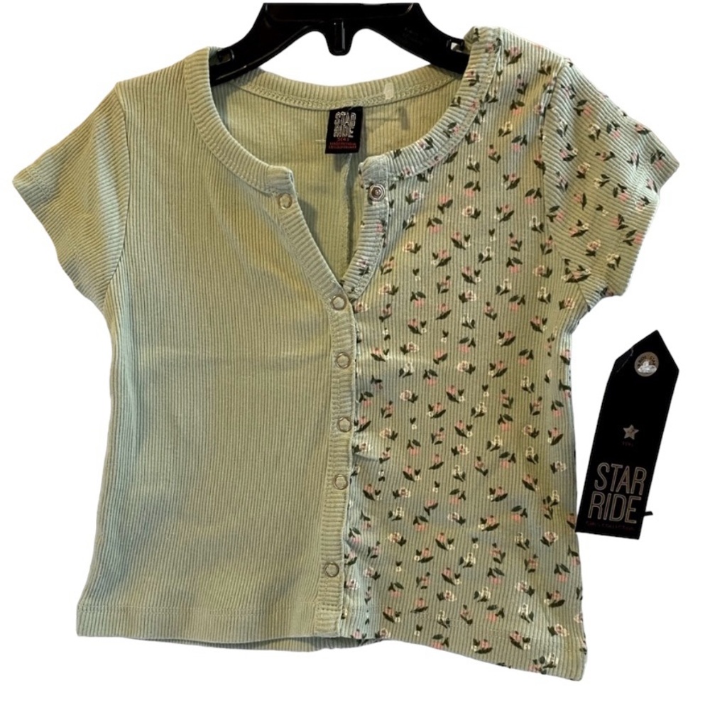🆕Star Rider Green & Pink Floral ShortSleeve Top Girls Size 4 New with tags